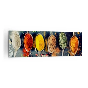 Impression sur toile - Image sur toile - Épices colorées sur des cuillères avec des herbes en arrière-plan - 160x50cm - Magie culinaire - Décoration murale moderne pour le salon et la chambre ARTTOR