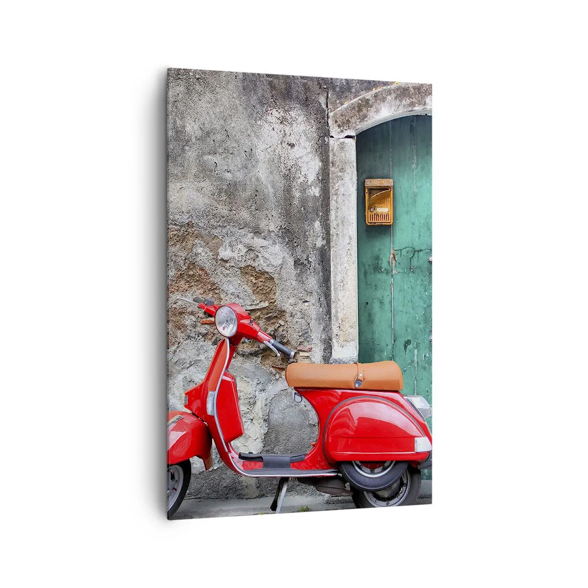 Impression sur toile - Image sur toile - Scooter rouge près de la porte verte - 80x120cm - Vacances italiennes - Décoration murale moderne pour le salon et la chambre ARTTOR