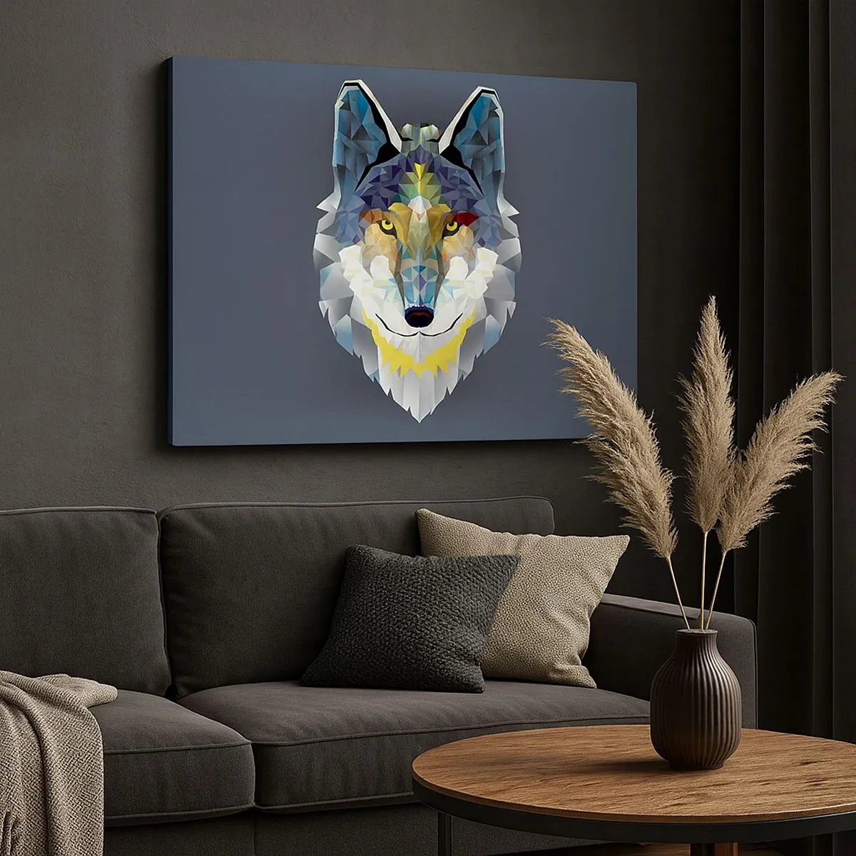 Impression sur toile - Image sur toile - Image géométrique d'un loup sur fond gris - 70x50cm - On parle du loup - Décoration murale moderne pour le salon et la chambre ARTTOR