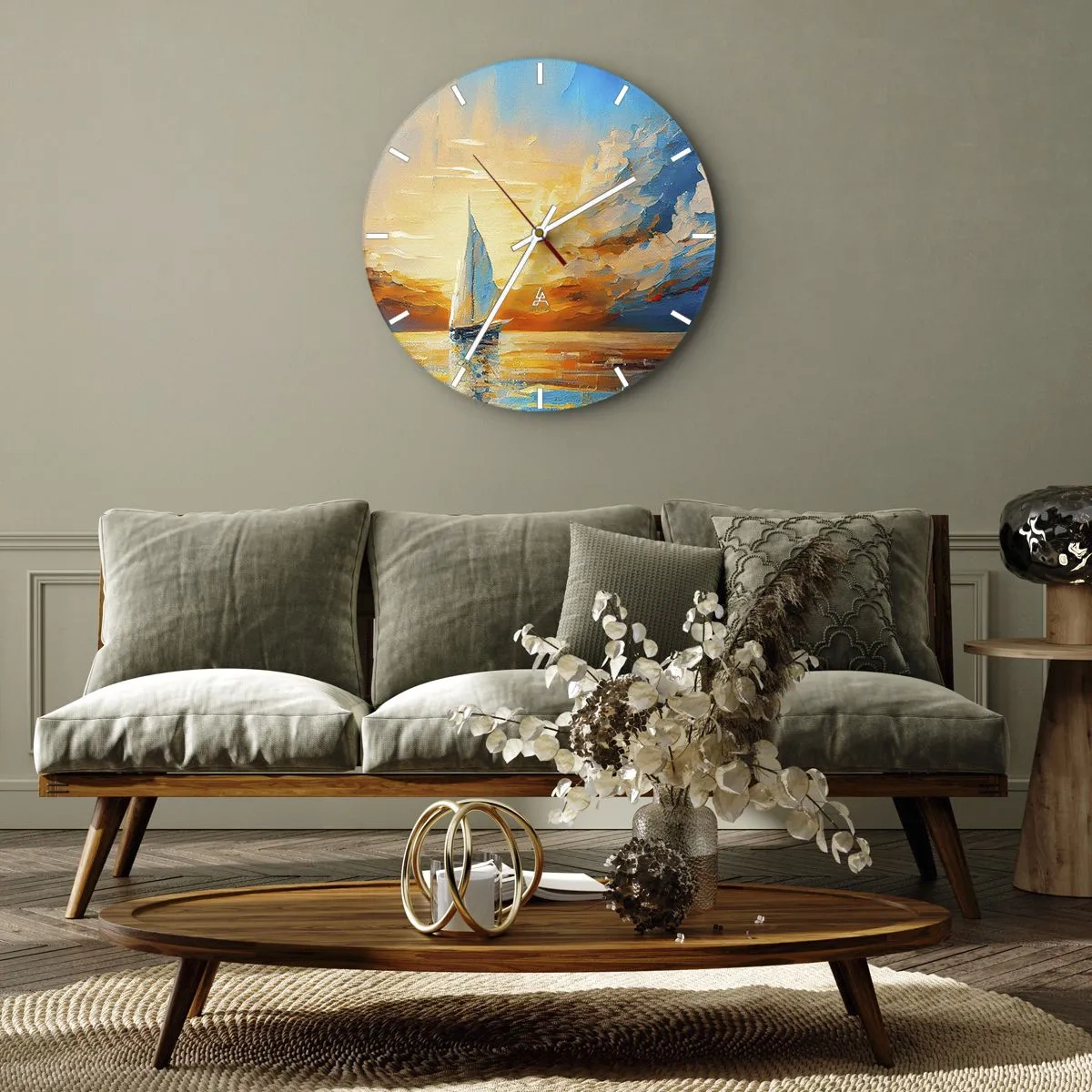 Horloge murale - Pendule murale - Un voilier sur fond de coucher de soleil doré sur l'eau - 30x30cm - Expédition en or - Décoration murale moderne pour le salon, la cuisine et la chambre ARTTOR