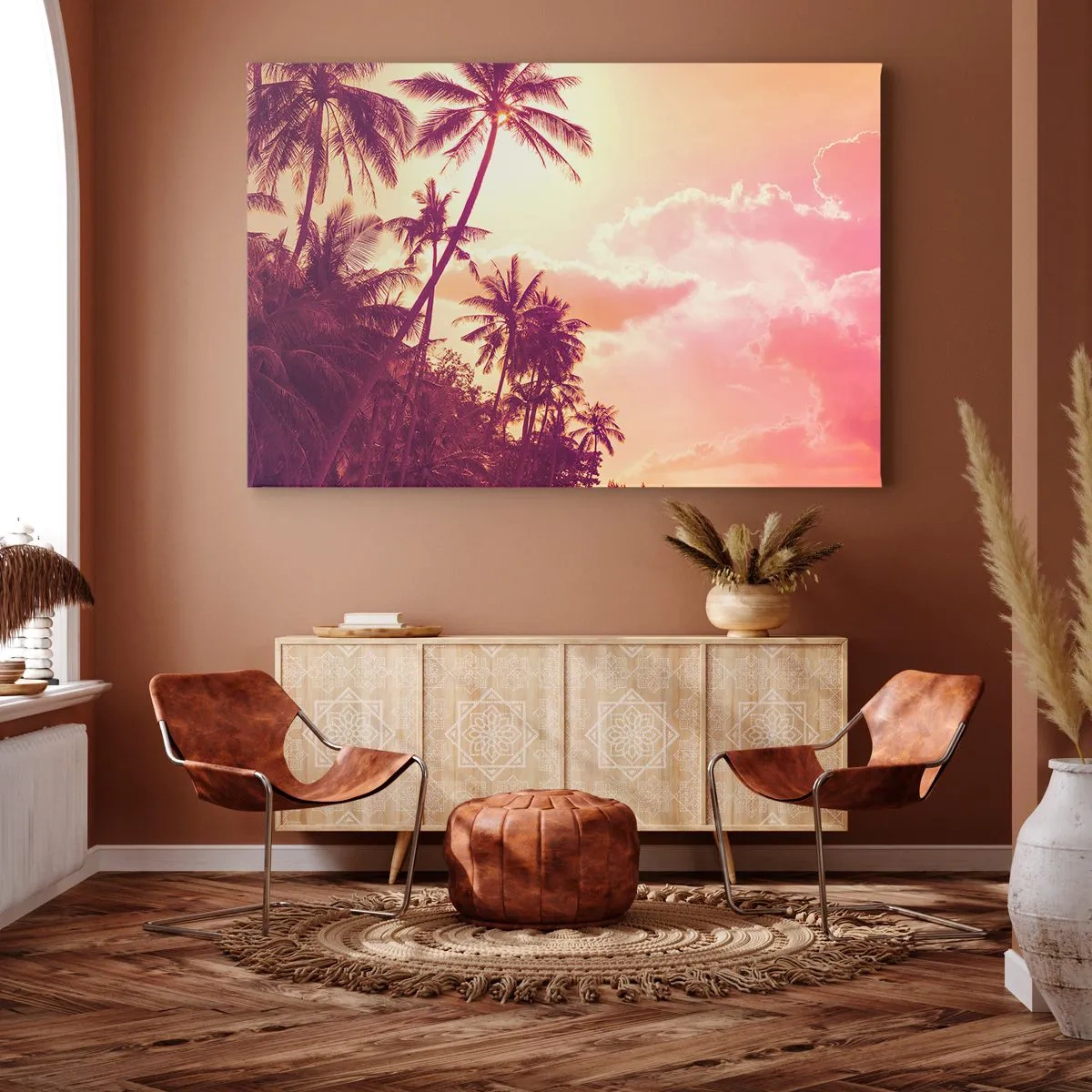 Impression sur toile - Image sur toile - Palmiers illuminés par le soleil couchant dans un ciel tropical - 100x70cm - Tu dois choisir - Décoration murale moderne pour le salon et la chambre ARTTOR