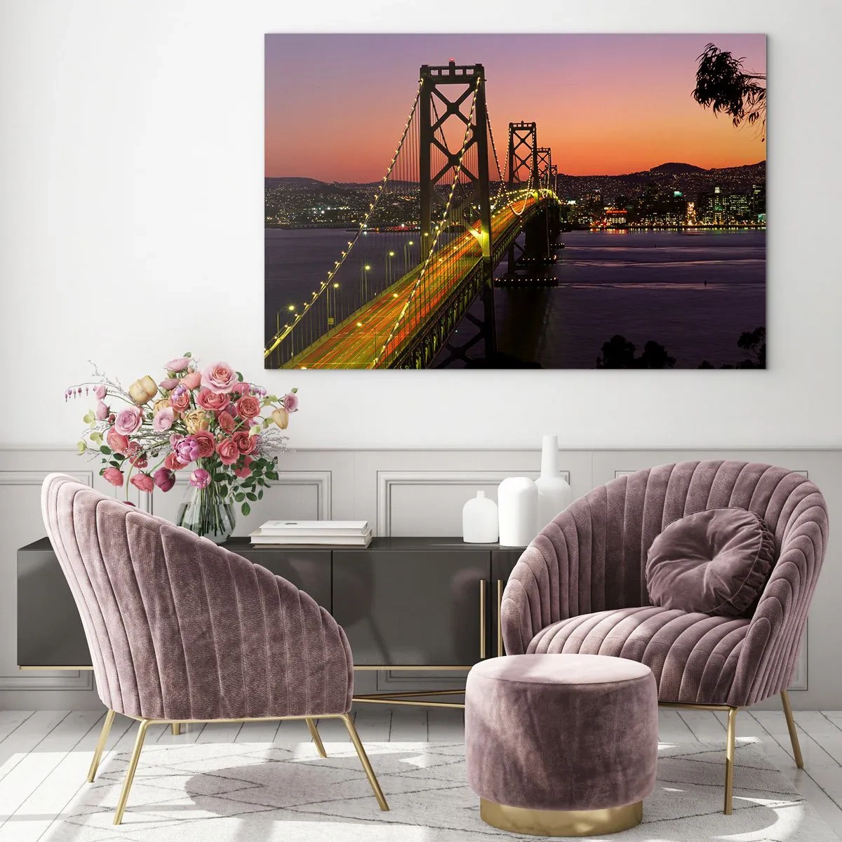 Impression sur verre - Image sur verre - Le pont la nuit dans la ville et la lumière du coucher du soleil - 120x80cm - Soirée violette - Décoration murale moderne pour le salon et la chambre ARTTOR