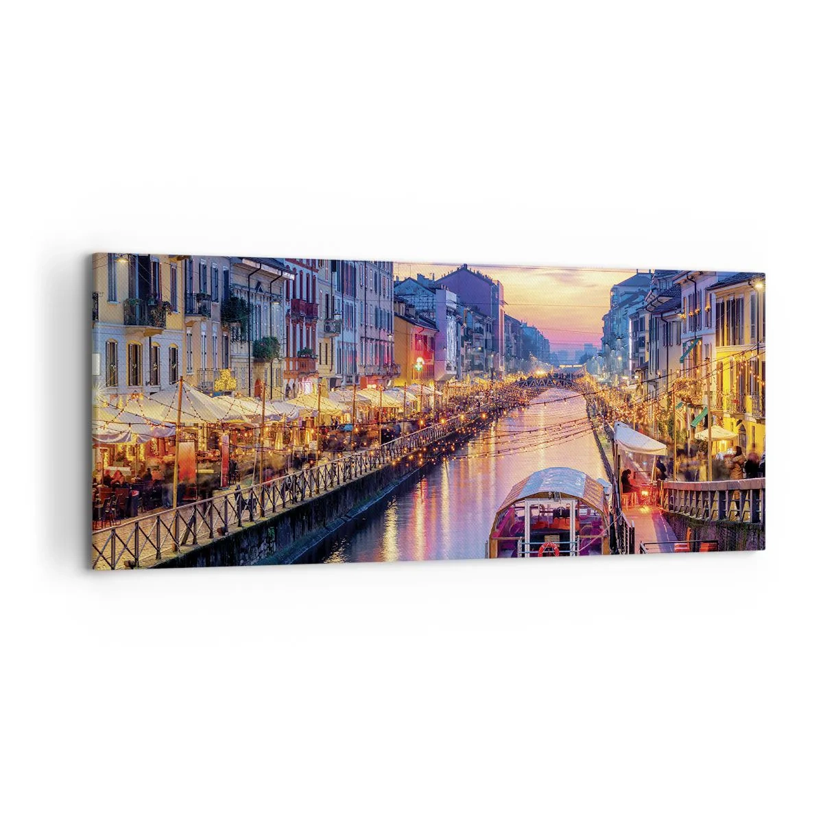 Impression sur toile - Image sur toile - Un canal éclairé entouré de bâtiments colorés - 120x50cm - Soirée de lumière et de jeu - Décoration murale moderne pour le salon et la chambre ARTTOR