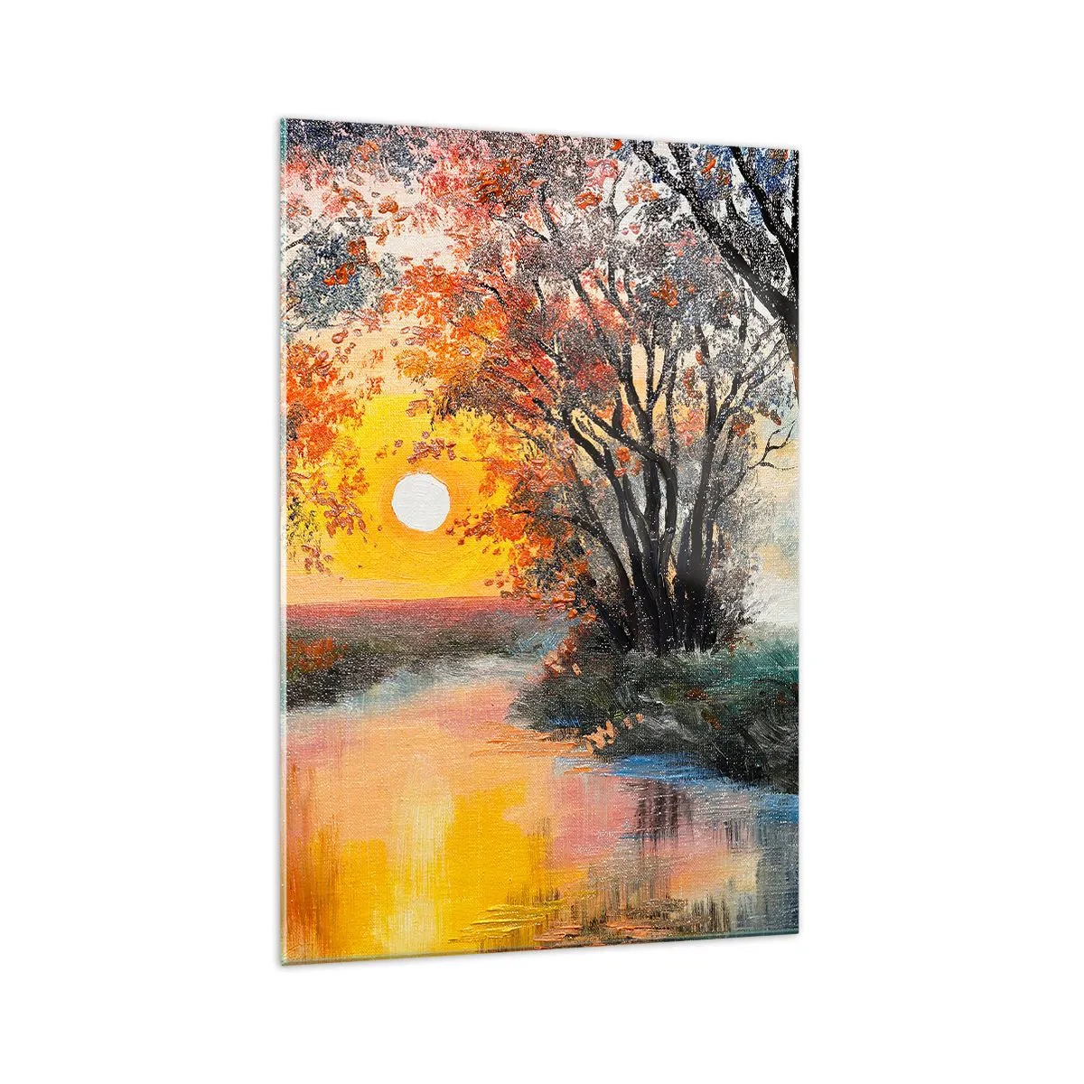 Impression sur verre - Image sur verre - Coucher de soleil sur la rivière dans un paysage d'automne - 70x100cm - Climats de printemps - Décoration murale moderne pour le salon et la chambre ARTTOR