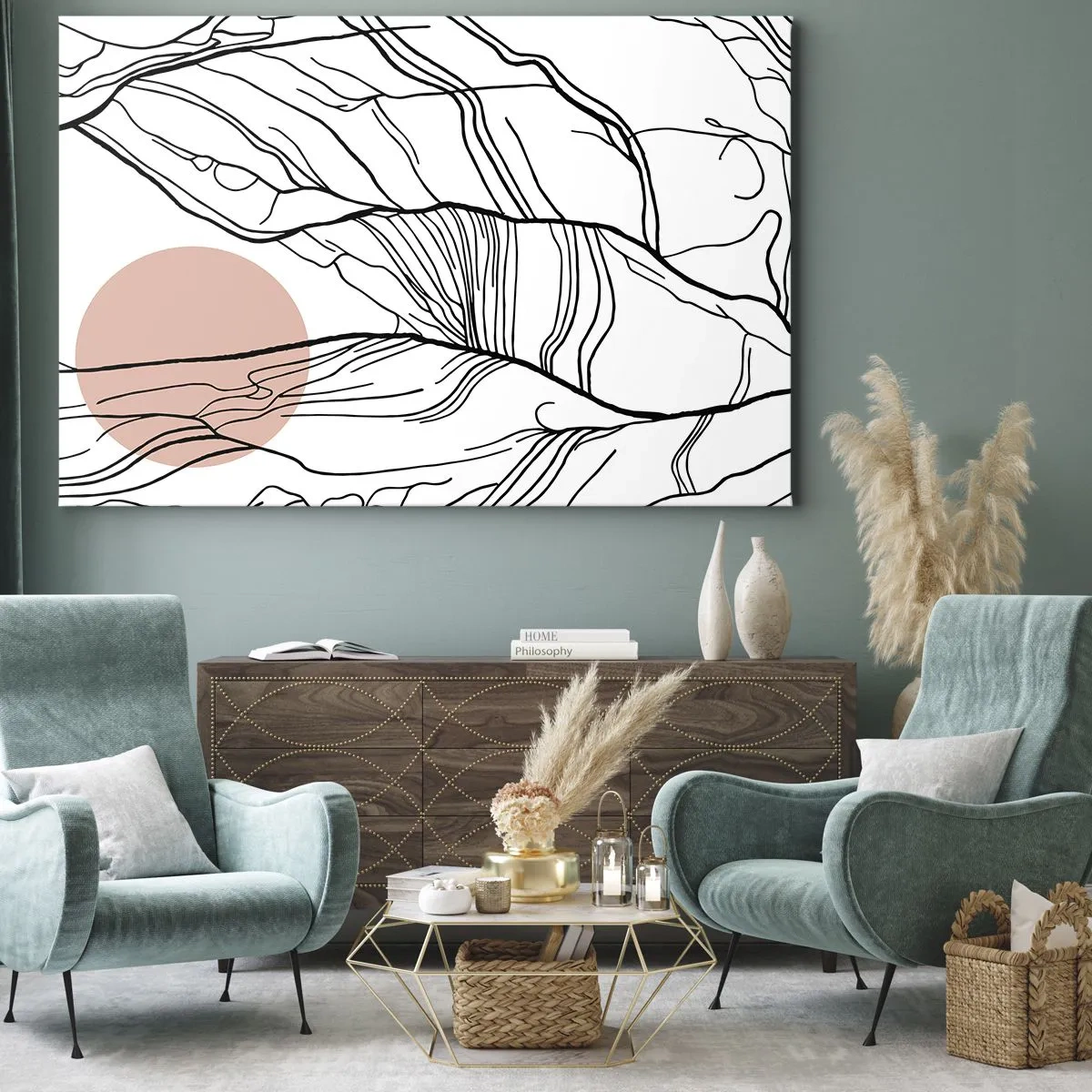 Impression sur toile - Image sur toile - Lignes minimalistes avec un accent géométrique - 100x70cm - Dans un réseau de brindilles - Décoration murale moderne pour le salon et la chambre ARTTOR