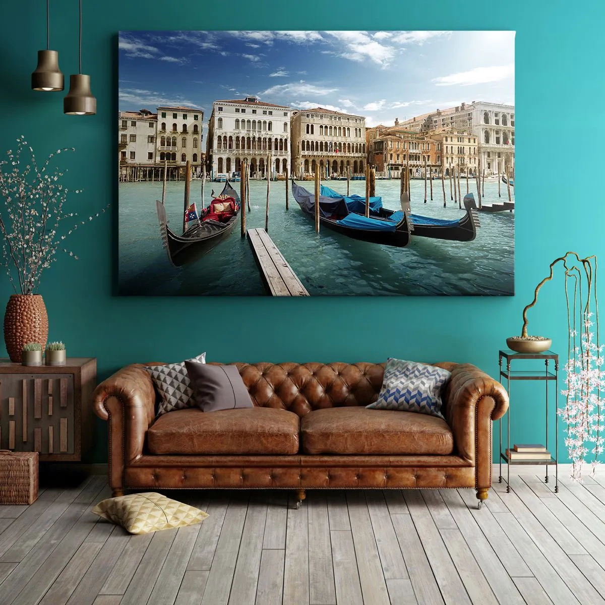 Impression sur toile - Image sur toile - Venise avec des gondoles et des palais contre le ciel - 100x70cm - Palace bleu ciel - Décoration murale moderne pour le salon et la chambre ARTTOR