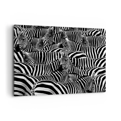 Impression sur toile - Image sur toile - Un groupe de zèbres avec des rayures noires et blanches créant un motif de symétrie. - 100x70cm - Portrait collectif à rayures - Décoration murale moderne pour le salon et la chambre ARTTOR