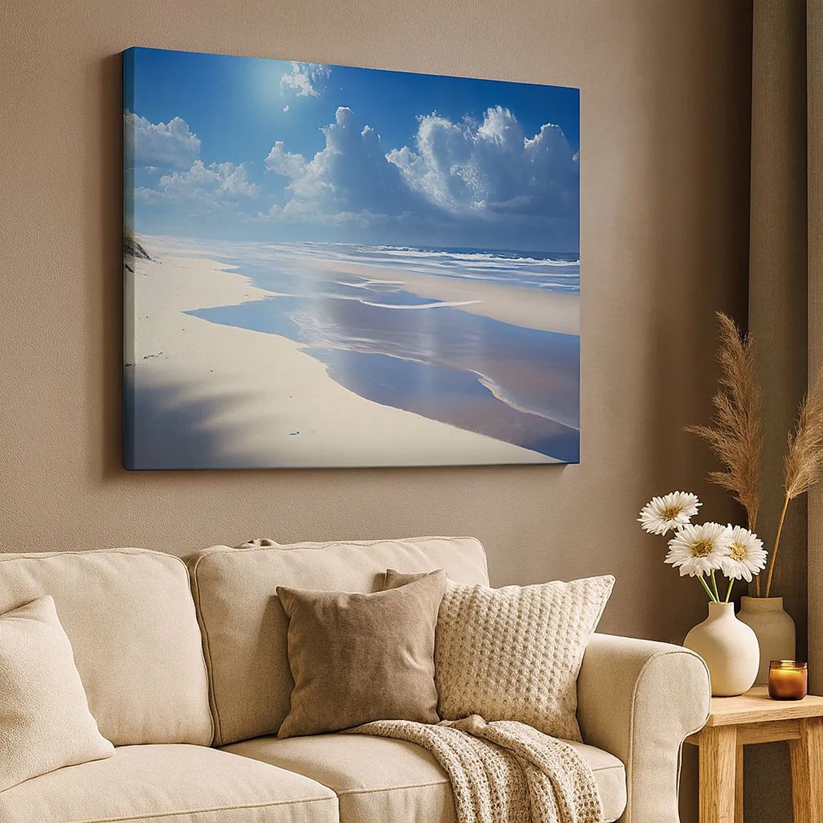 Impression sur toile - Image sur toile - Une plage de sable avec des vagues sous un ciel bleu - 70x50cm - Des vacances paradisiaques - Décoration murale moderne pour le salon et la chambre ARTTOR