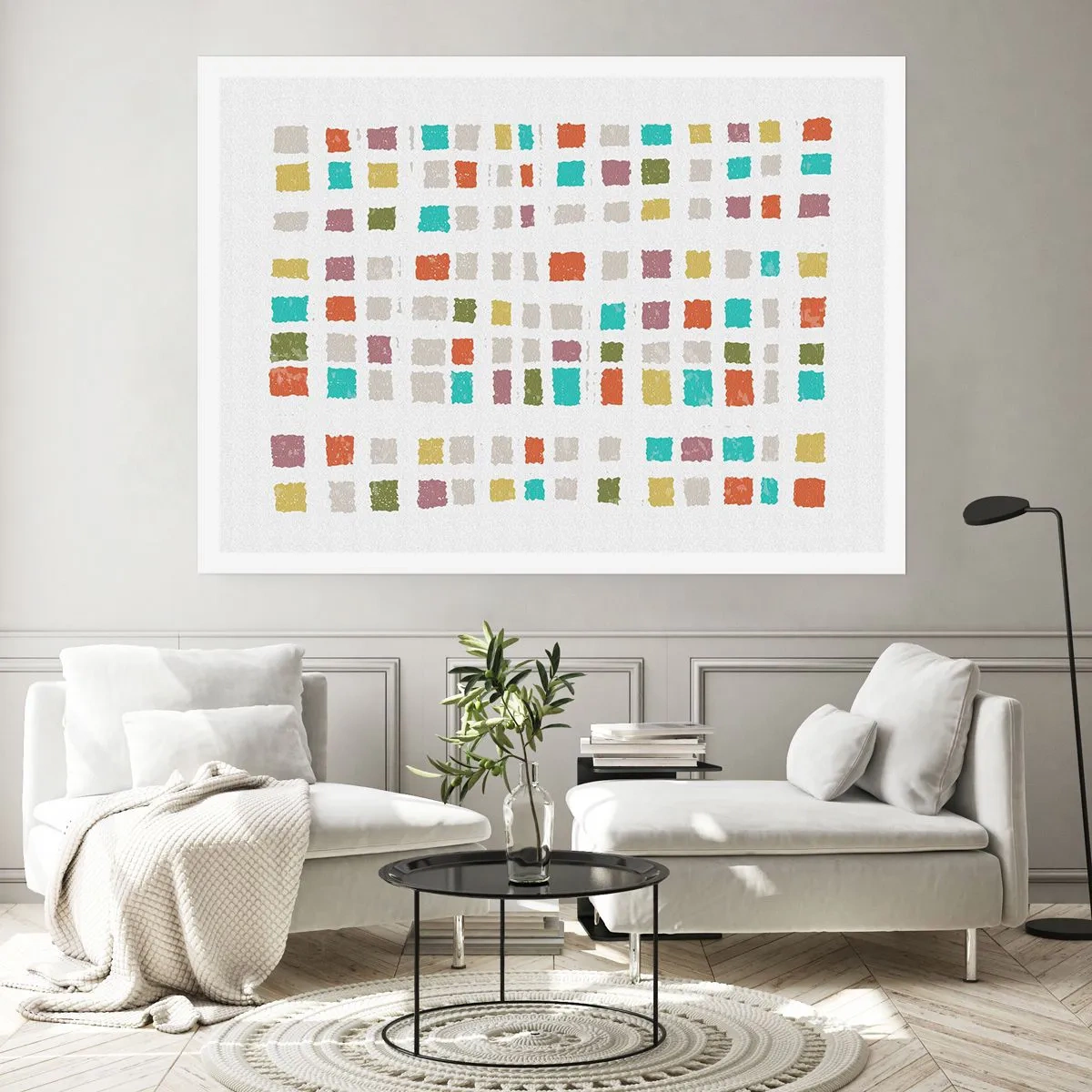 Affiche - Poster - Carrés colorés dans un arrangement minimaliste sur fond blanc - 100x70cm - Jeu inconnu - Décoration murale moderne pour le salon et la chambre ARTTOR