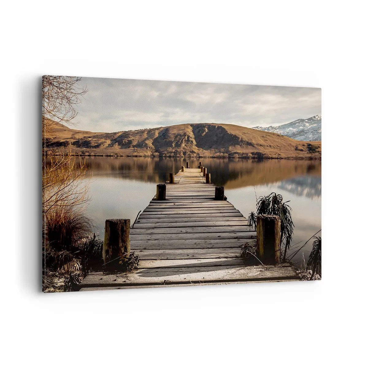 Impression sur toile - Image sur toile - Une jetée en bois sur un lac entouré de collines pittoresques - 100x70cm - Paysage silencieux - Décoration murale moderne pour le salon et la chambre ARTTOR