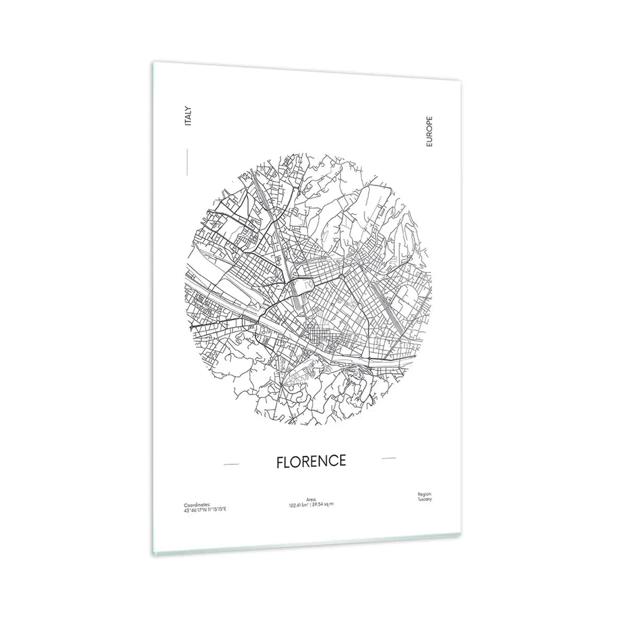 Impression sur verre - Image sur verre - Florence sous la forme d'une carte stylisée avec un réseau de rues - 50x70cm - Anatomie de Florence - Décoration murale moderne pour le salon et la chambre ARTTOR