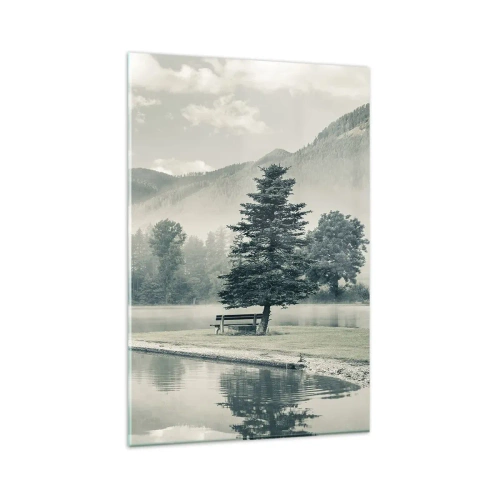 Impression sur verre - Image sur verre - Un lac pittoresque avec un banc et du brouillard en arrière-plan - 80x120cm - Le lac dort encore - Décoration murale moderne pour le salon et la chambre ARTTOR