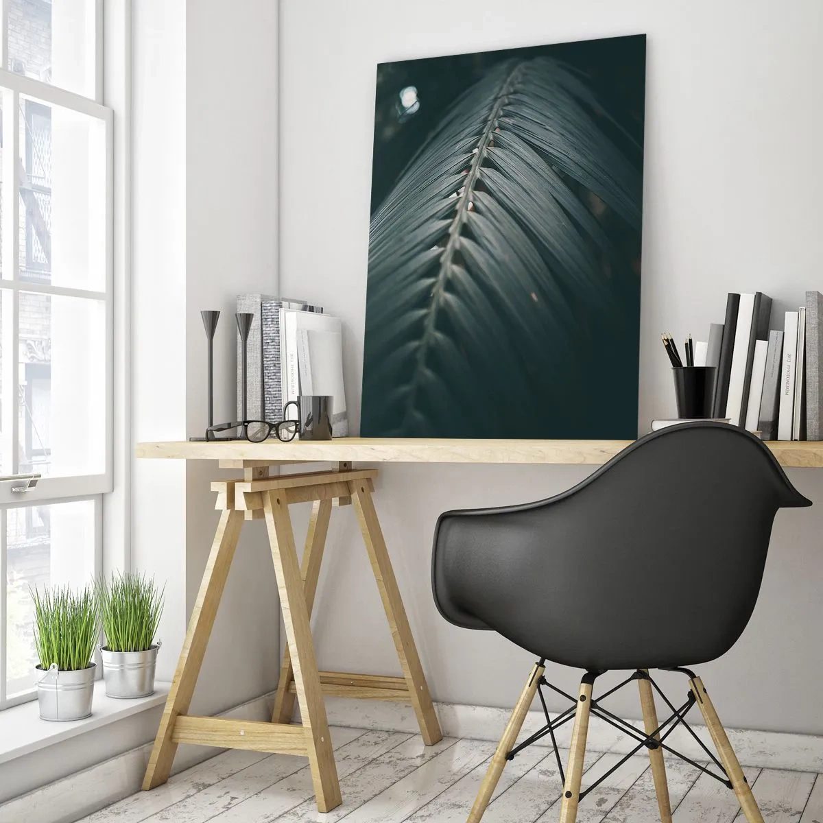 Impression sur verre - Image sur verre - Gros plan d'une feuille de palmier vert foncé avec reflet lumineux - 50x70cm - Précision de la nature - Décoration murale moderne pour le salon et la chambre ARTTOR
