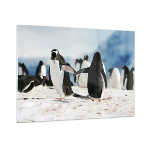 Impression sur verre - Image sur verre - Pingouins dans la neige dans un paysage polaire - 100x70cm - Danser dans la neige - Décoration murale moderne pour le salon et la chambre ARTTOR