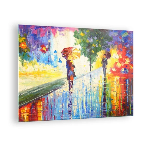 Impression sur verre - Image sur verre - Une promenade colorée sous la pluie avec un parapluie impressionniste - 70x50cm - Et tout est clair - Décoration murale moderne pour le salon et la chambre ARTTOR