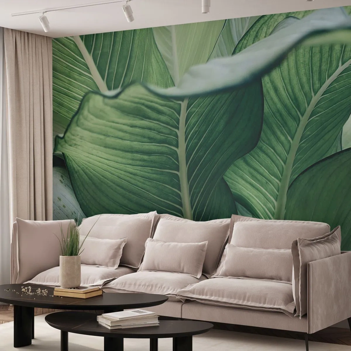 Papier Peint Photo Premium Sand - Gros plan de grandes feuilles vertes d'une plante tropicale - 100x70cm - Une vie intensément verte - Décoration murale moderne pour le salon et la chambre ARTTOR