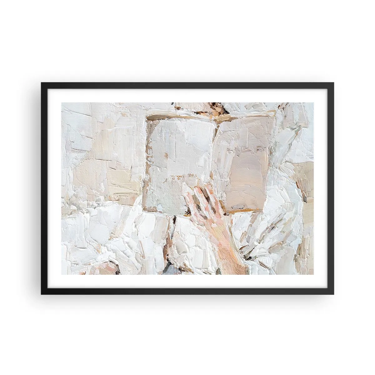 Affiche dans un cadre noir - Poster - Une peinture impressionniste d'une main tenant un livre ouvert. - 70x50cm - Dans un autre monde - Décoration murale moderne pour le salon et la chambre ARTTOR