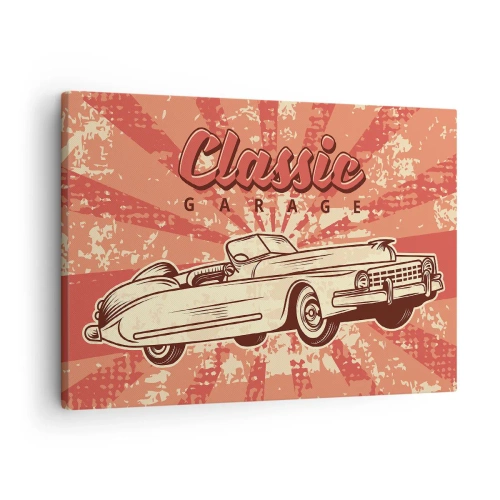 Impression sur toile - Image sur toile - Affiche rétro avec une voiture classique et les mots Classic Garage - 70x50cm - Et à la radio, Elvis - Décoration murale moderne pour le salon et la chambre ARTTOR