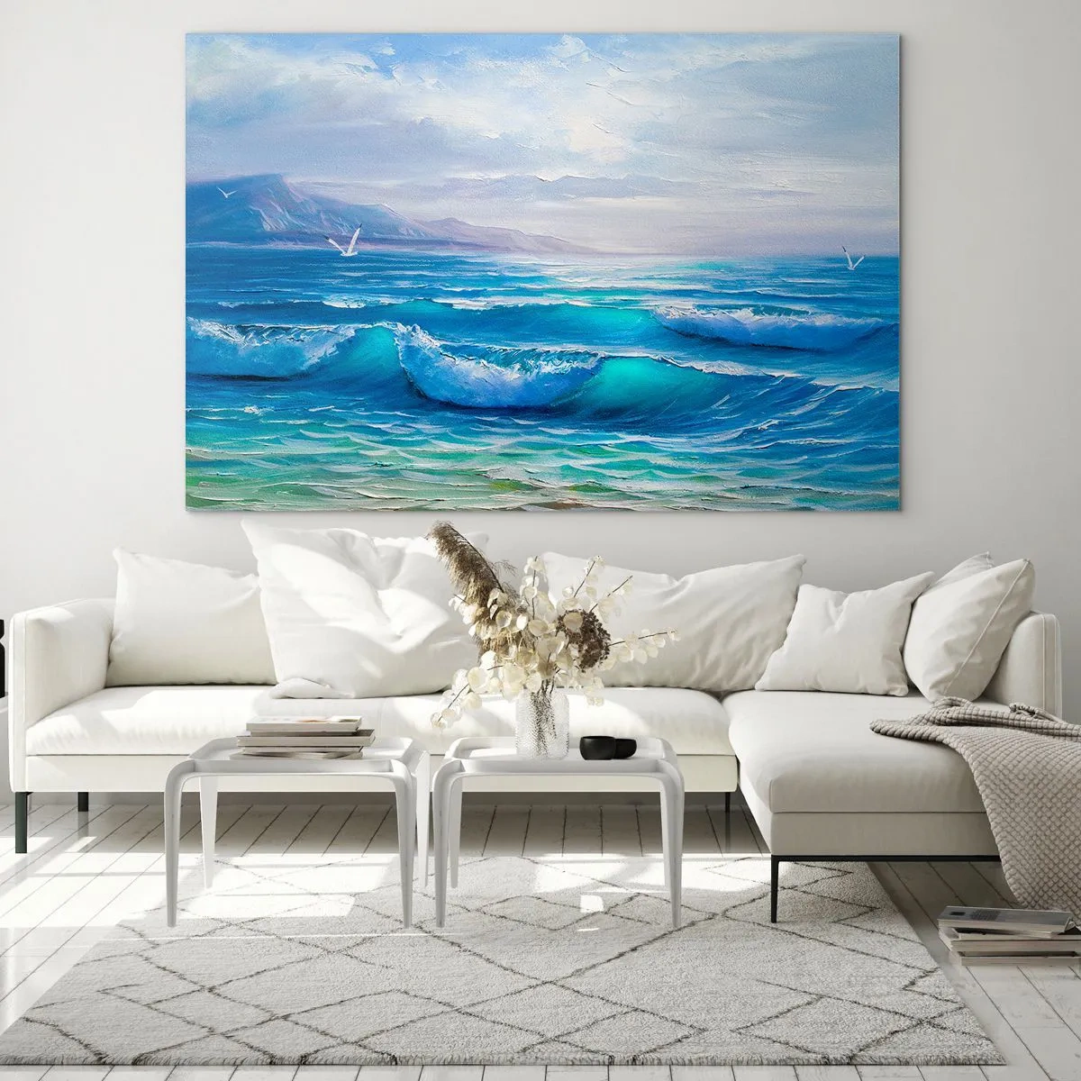 Impression sur verre - Image sur verre - Les vagues bleues de la mer lèchent le rivage par une journée ensoleillée - 100x70cm - Il apporte un soulagement - Décoration murale moderne pour le salon et la chambre ARTTOR
