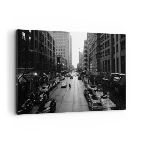 Impression sur toile - Image sur toile - Une rue en noir et blanc au milieu de la ville avec des voitures et des piétons - 100x70cm - Un autre jour comme tous les autres jours - Décoration murale moderne pour le salon et la chambre ARTTOR