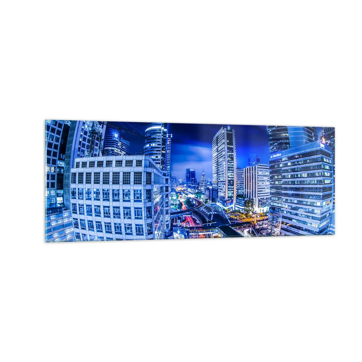 Impression sur verre - Image sur verre - Panorama nocturne de la ville avec gratte-ciels et lampadaires - 140x50cm - Rythmes de la ville nocturne - Décoration murale moderne pour le salon et la chambre ARTTOR
