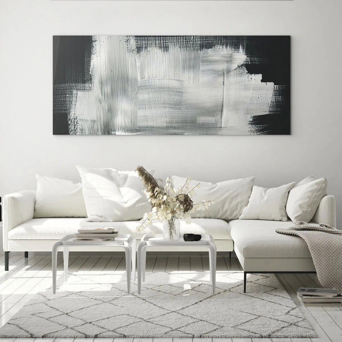 Impression sur verre - Image sur verre - Traits abstraits blancs sur fond sombre - 160x50cm - Tissé à la verticale et à l'horizontale - Décoration murale moderne pour le salon et la chambre ARTTOR