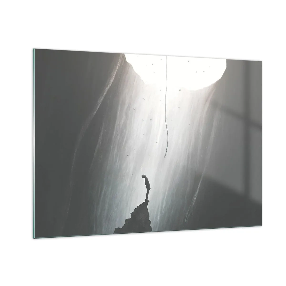 Impression sur verre - Image sur verre - Un homme debout dans l'obscurité au pied d'une sortie lumineuse au-dessus d'un abîme - 100x70cm - Il y a toujours une issue - Décoration murale moderne pour le salon et la chambre ARTTOR