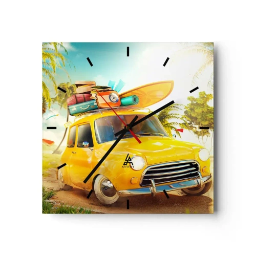 Horloge murale - Pendule murale - Une voiture jaune avec des bagages dans un paysage tropical - 30x30cm - Un voyage pour plus d'un sourire - Décoration murale moderne pour le salon et la chambre ARTTOR