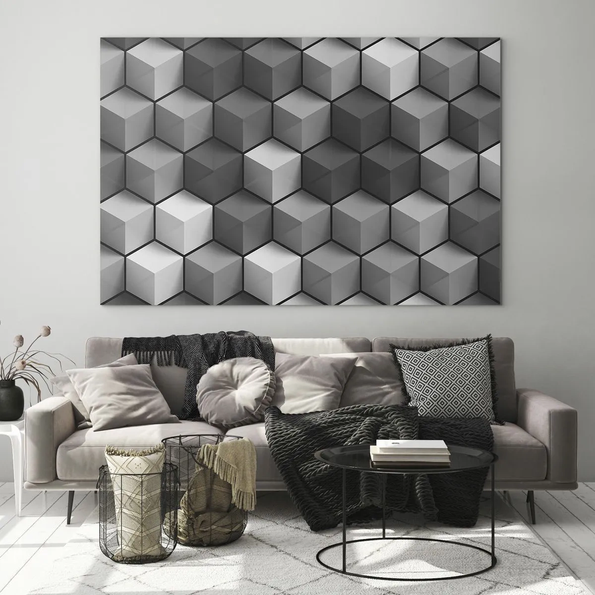 Impression sur verre - Image sur verre - Cubes géométriques dans des tons de gris - 70x50cm - Puzzle cubiste - Décoration murale moderne pour le salon et la chambre ARTTOR