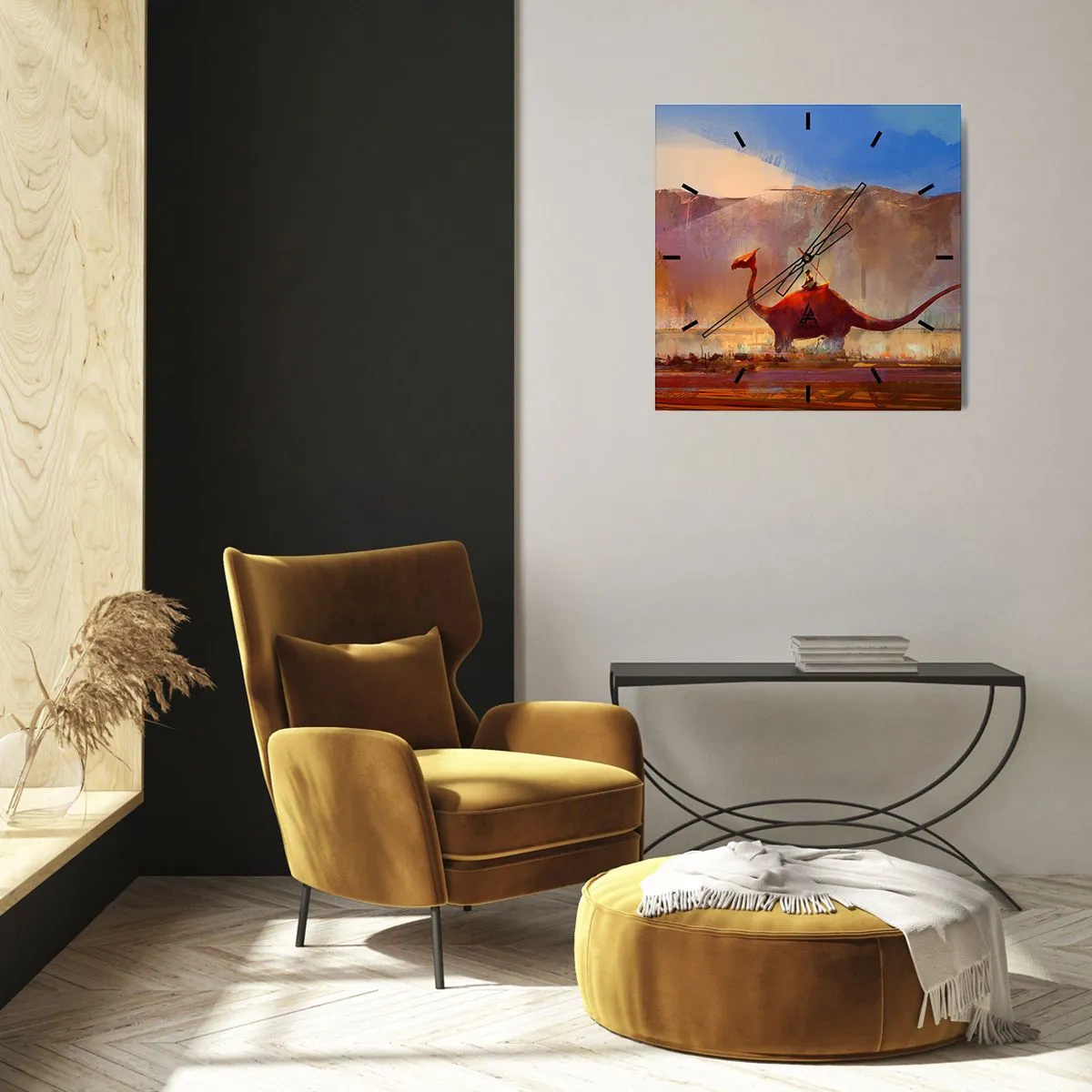 Horloge murale - Pendule murale - Une scène fantastique avec un cavalier sur une créature préhistorique - 30x30cm - S'ils n'avaient pas disparu - Décoration murale moderne pour le salon et la chambre ARTTOR