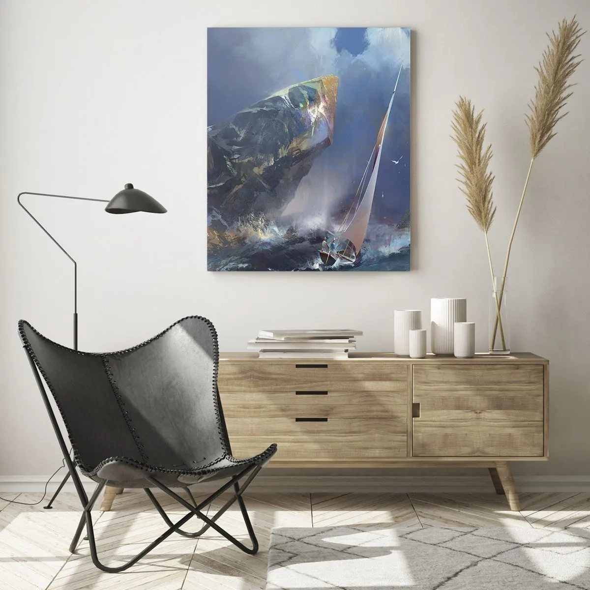 Impression sur verre - Image sur verre - Un voilier dans une tempête au large d'une côte rocheuse - 50x70cm - Celui qui est courageux, gagne - Décoration murale moderne pour le salon et la chambre ARTTOR