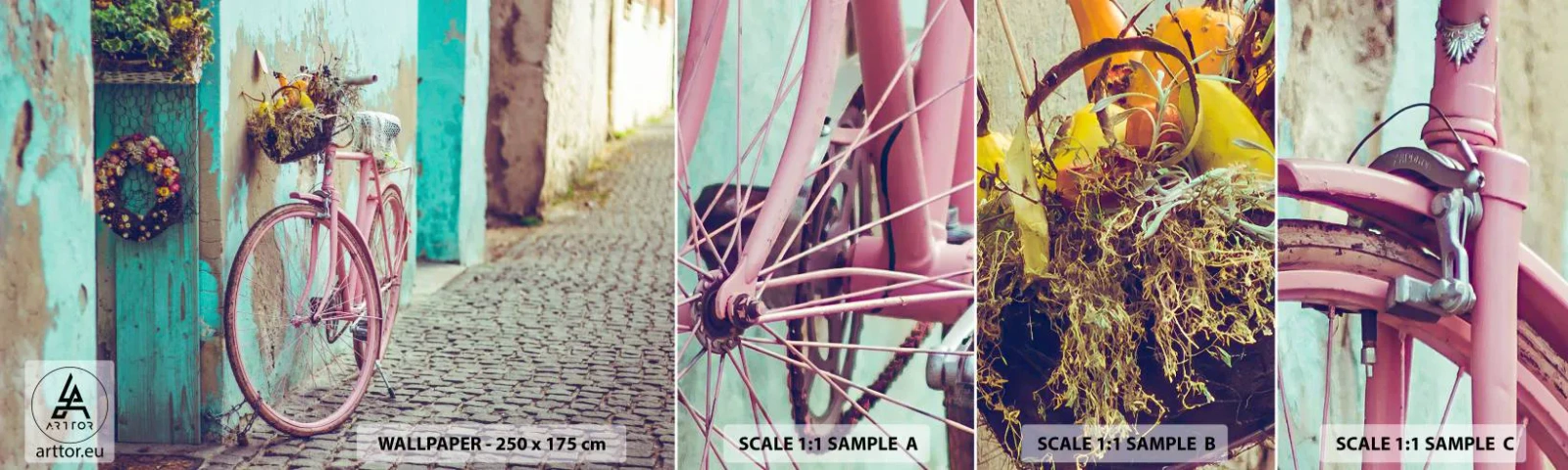 Échantillon de Papier Peint Autocollant Deluxe Sticker - Je reviens tout de suite - Vélo, Architecture, Fleurs - 100x30 cm