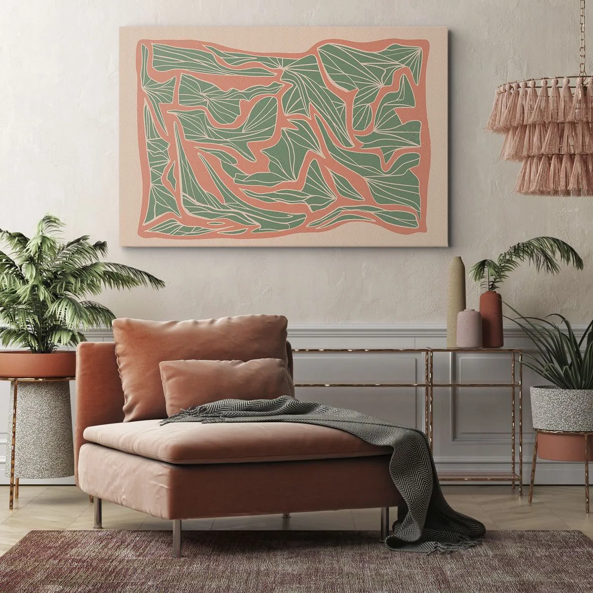 Impression sur toile - Image sur toile - Un motif végétal dans les tons de vert et d'orange - 100x70cm - La lutte entre le corail et la verdure - Décoration murale moderne pour le salon et la chambre ARTTOR