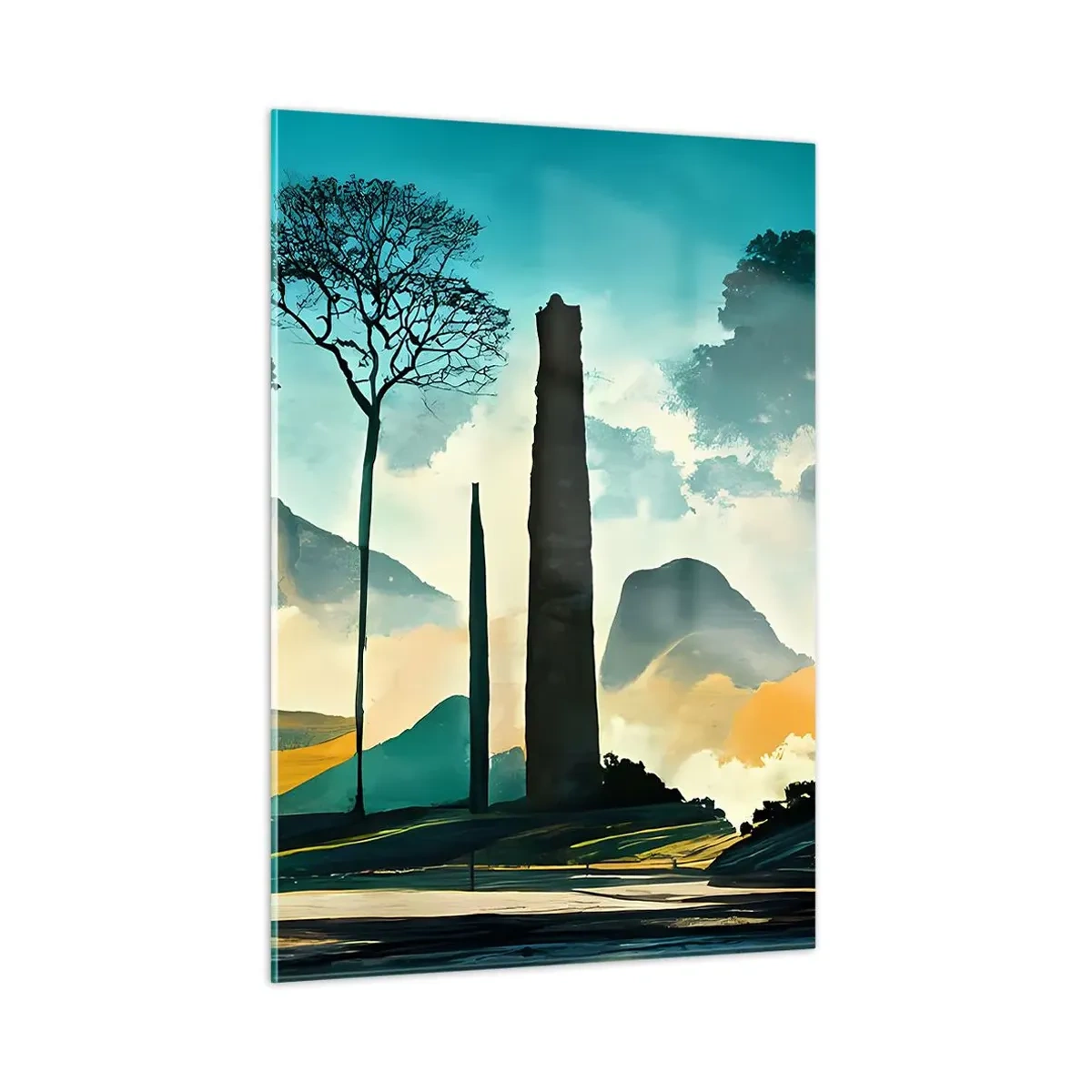 Impression sur verre - Image sur verre - Un paysage fantastique avec des montagnes, des arbres et un rocher imposant - 50x70cm - Toujours de plus en plus haut - Décoration murale moderne pour le salon et la chambre ARTTOR