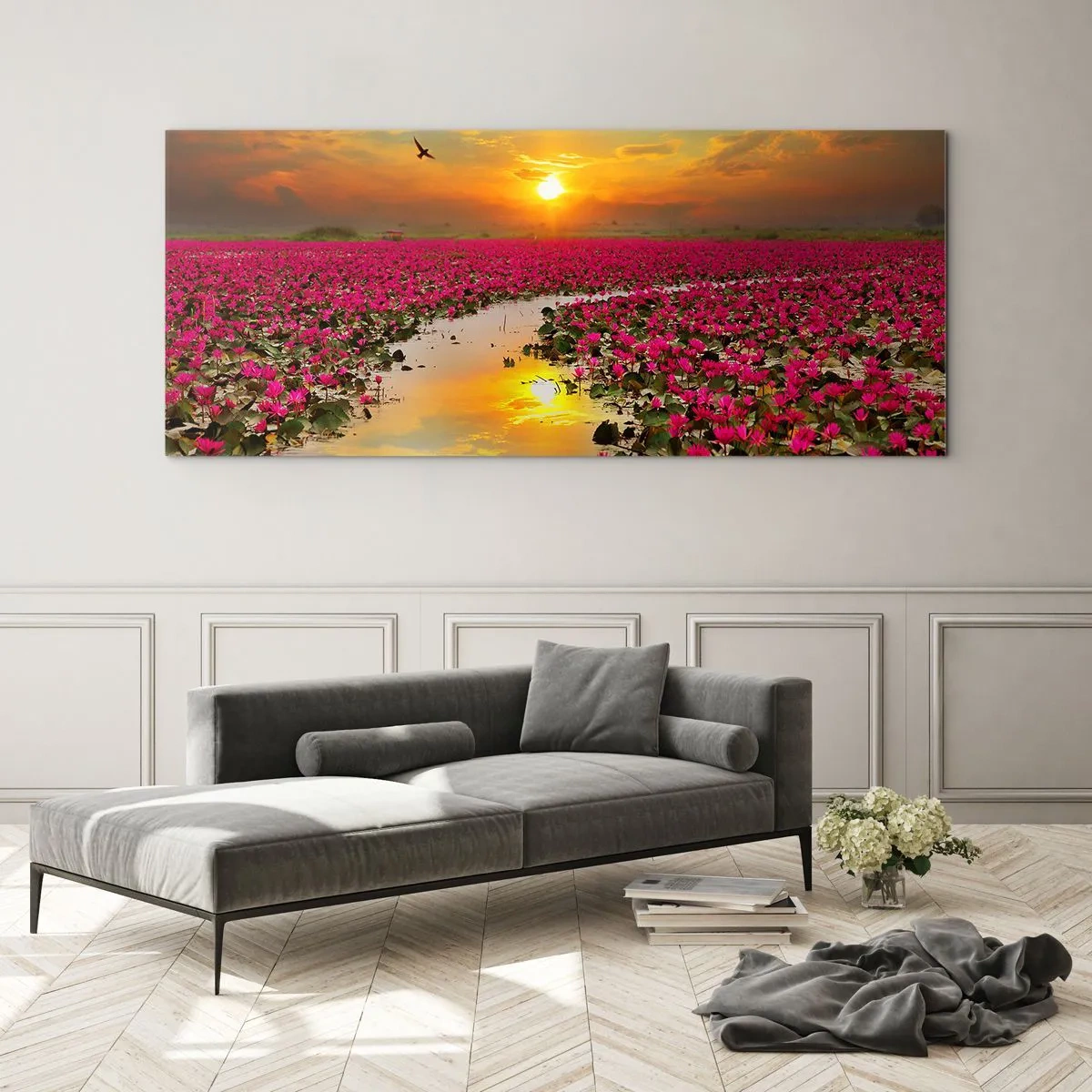 Impression sur verre - Image sur verre - Un champ de nénuphars roses au coucher du soleil - 120x50cm - La vie secrète du lac - Décoration murale moderne pour le salon et la chambre ARTTOR