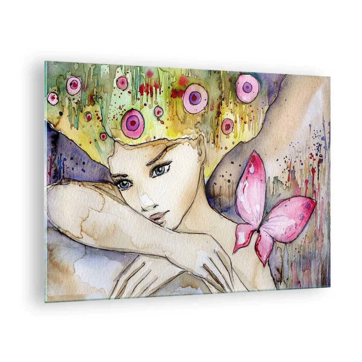 Impression sur verre - Image sur verre - Portrait d'une femme avec une coiffure colorée et un papillon à l'aquarelle - 70x50cm - La princesse papillon - Décoration murale moderne pour le salon et la chambre ARTTOR