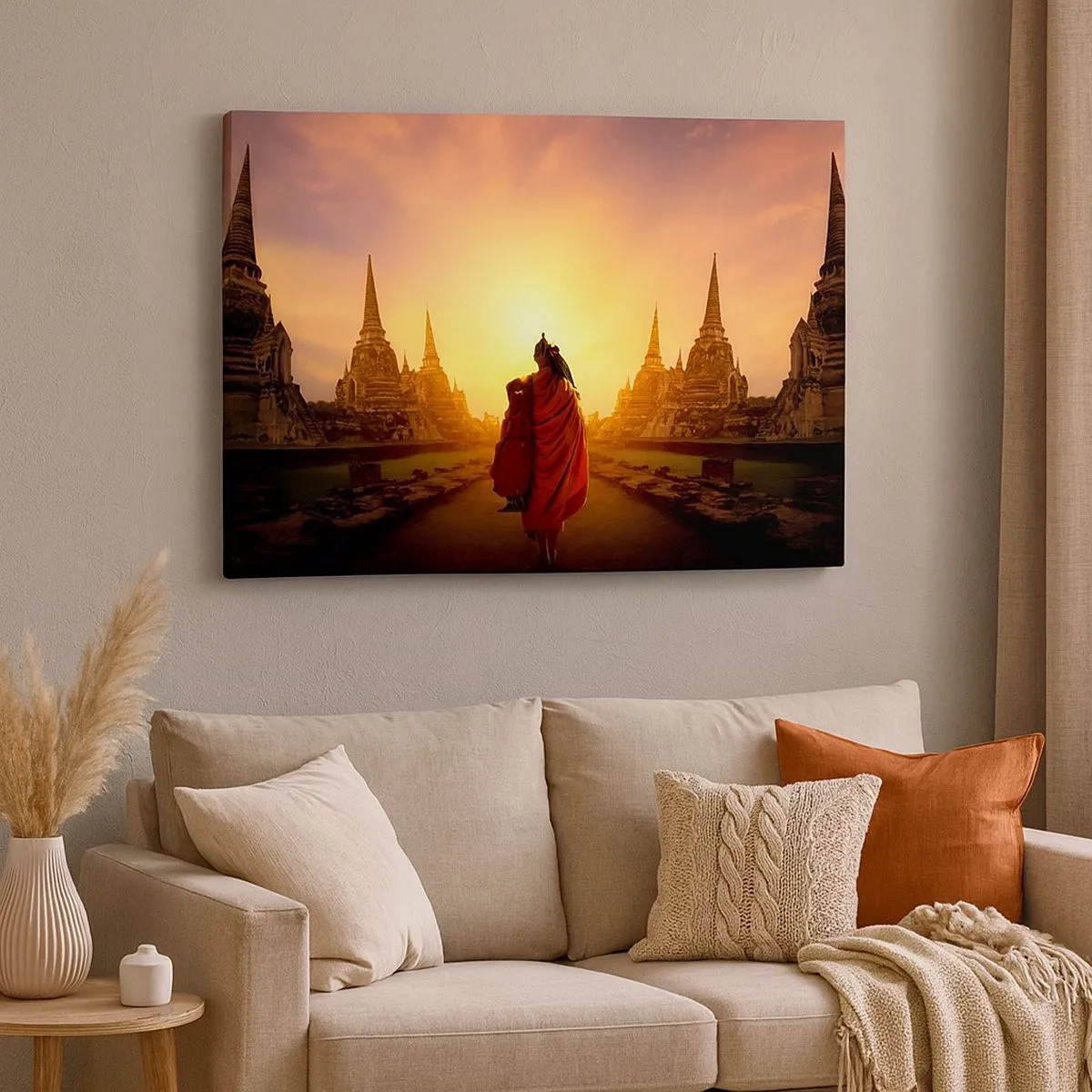 Impression sur toile - Image sur toile - Un moine parmi les temples au coucher du soleil - 70x50cm - En paix pour l'éternité - Décoration murale moderne pour le salon et la chambre ARTTOR