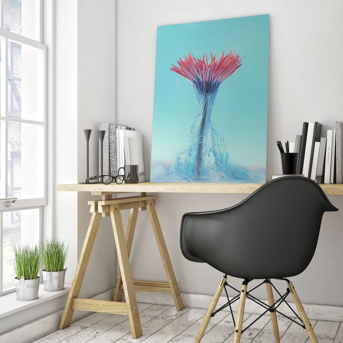 Impression sur verre - Image sur verre - Une fleur fantaisiste plongée dans une brume bleue et rose - 50x70cm - Dans une étreinte vivifiante - Décoration murale moderne pour le salon et la chambre ARTTOR