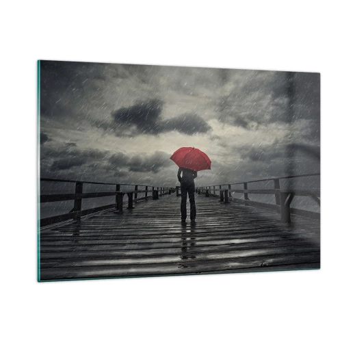 Impression sur verre - Image sur verre - Un homme avec un parapluie rouge sur une jetée en bois sous la pluie. - 120x80cm - Peu importe qu'il pleuve - Décoration murale moderne pour le salon et la chambre ARTTOR
