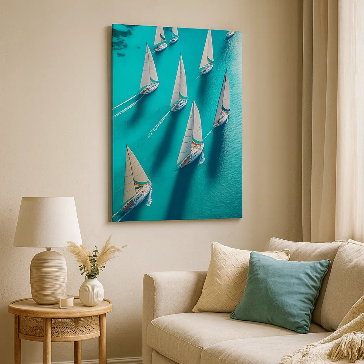 Impression sur toile - Image sur toile - Yachts sur l'eau turquoise en mouvement dynamique - 50x70cm - Dans une compétition avec le vent - Décoration murale moderne pour le salon et la chambre ARTTOR