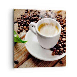 Impression sur toile - Image sur toile - Café sur un banc - 70x70 cm