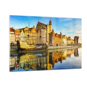 Impression sur verre - Image sur verre - La vieille ville de Gdańsk avec un reflet dans l'eau - 120x80cm - Reflet dans le miroir du passé - Décoration murale moderne pour le salon et la chambre ARTTOR