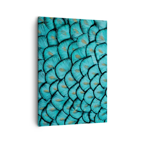 Impression sur toile - Image sur toile - Un motif ressemblant à des écailles turquoise avec des accents dorés - 50x70cm - Le grand gala des plumes - Décoration murale moderne pour le salon et la chambre ARTTOR