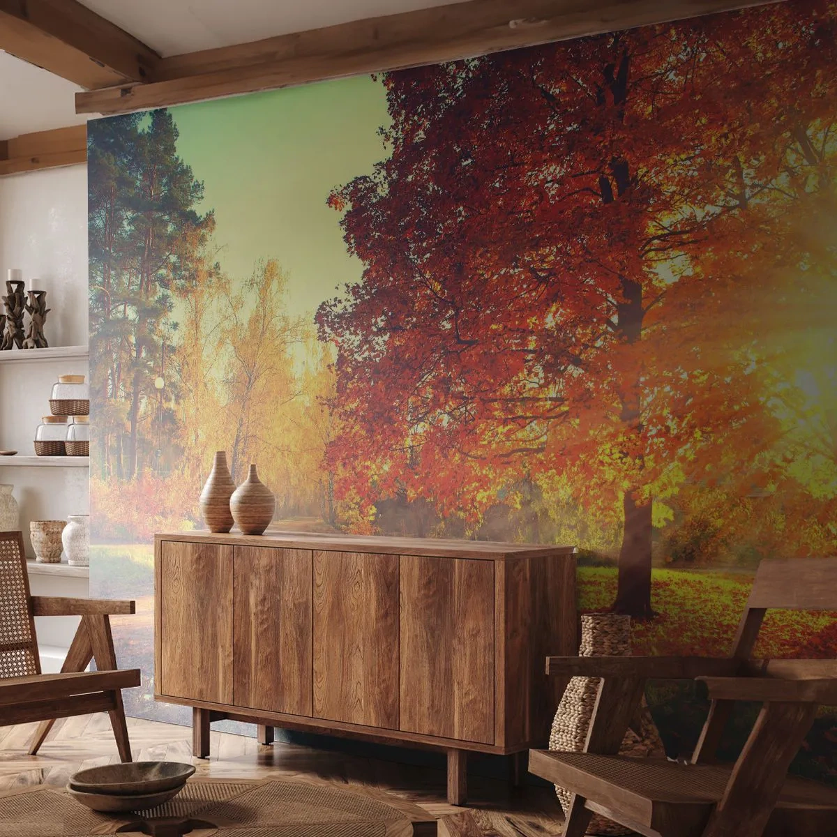 Papier Peint Photo Premium Sand - Parc d'automne sous les rayons du soleil couchant - 100x70cm - Le roux est beau - Décoration murale moderne pour le salon et la chambre ARTTOR