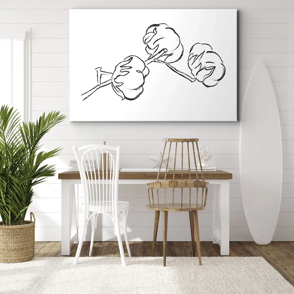 Impression sur toile - Image sur toile - Un contour délicat d'une branche de coton sur fond blanc - 70x50cm - Duvet de coton - Décoration murale moderne pour le salon et la chambre ARTTOR