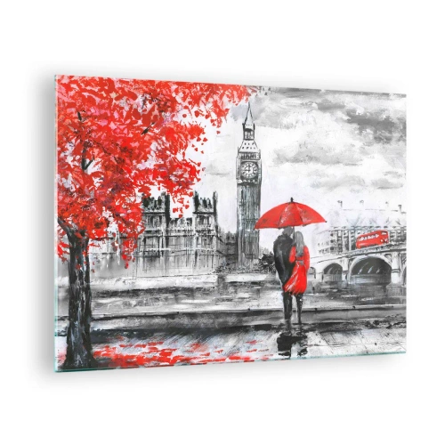 Impression sur verre - Image sur verre - Un couple sous un parapluie rouge avec Big Ben et des arbres d'automne en arrière-plan. - 70x50cm - Amoureux de Londres - Décoration murale moderne pour le salon et la chambre ARTTOR