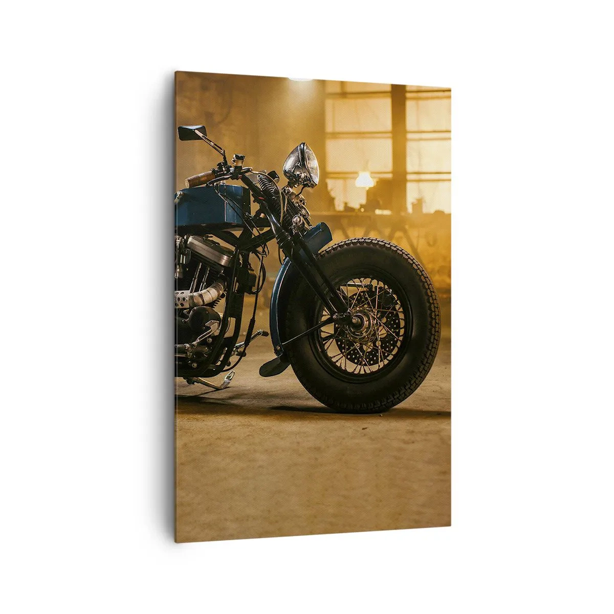 Impression sur toile - Image sur toile - Une moto élégante dans un intérieur industriel avec un éclairage chaleureux - 80x120cm - Je peux tout - Décoration murale moderne pour le salon et la chambre ARTTOR