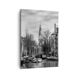 Impression sur toile - Image sur toile - Panorama noir et blanc d'Amsterdam avec canal et bâtiments historiques - 50x70cm - Climat d'Amsterdam - Décoration murale moderne pour le salon et la chambre ARTTOR