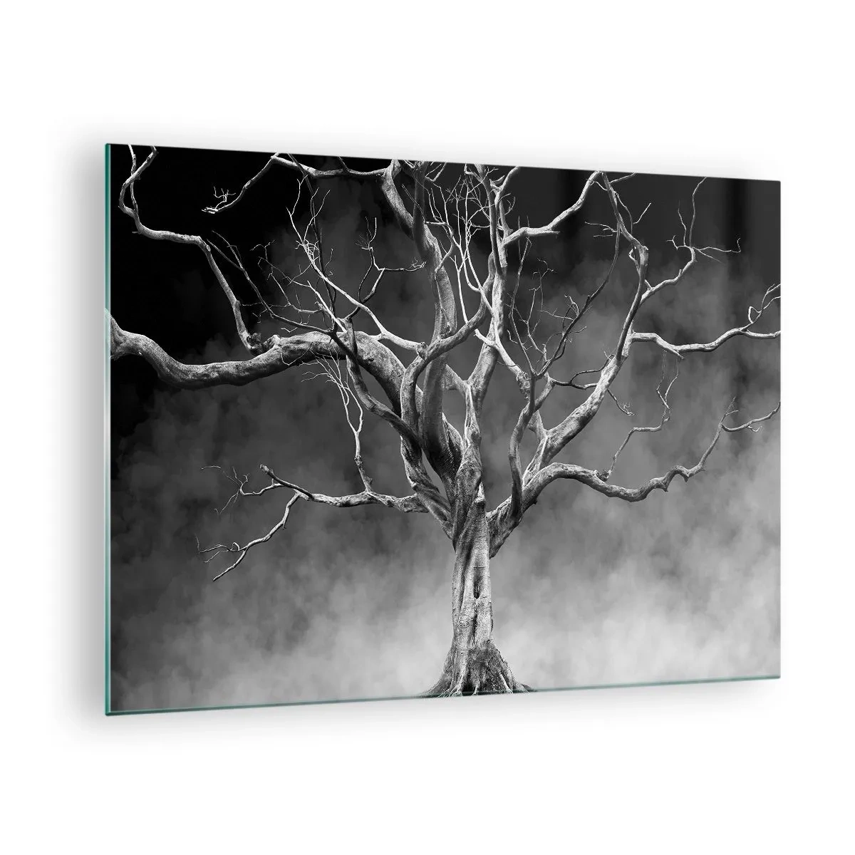 Impression sur verre - Image sur verre - Arbre noir contre le brouillard - 70x50cm - Primordial et sacré - Décoration murale moderne pour le salon et la chambre ARTTOR