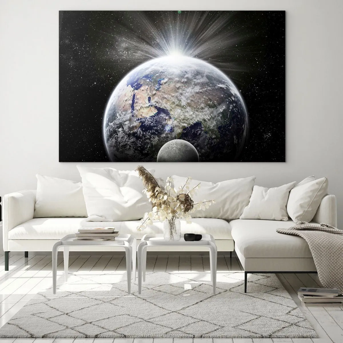Impression sur verre - Image sur verre - La Terre et la Lune dans un paysage spatial - 70x50cm - En pleine splendeur - Décoration murale moderne pour le salon et la chambre ARTTOR